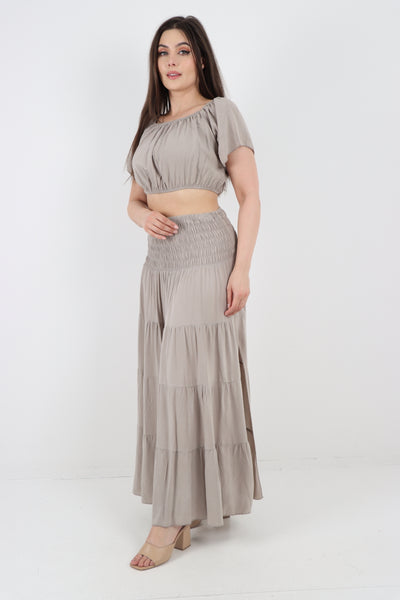 Italian Bardot Crop Top and Maxi Skirt Set