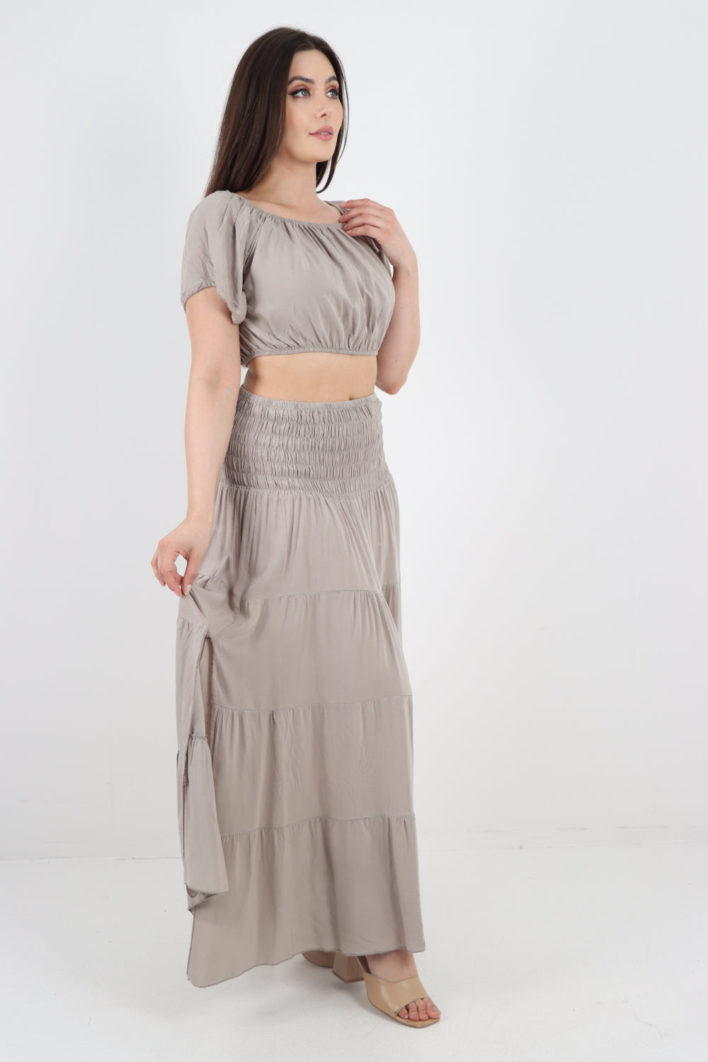 Italian Bardot Crop Top and Maxi Skirt Set