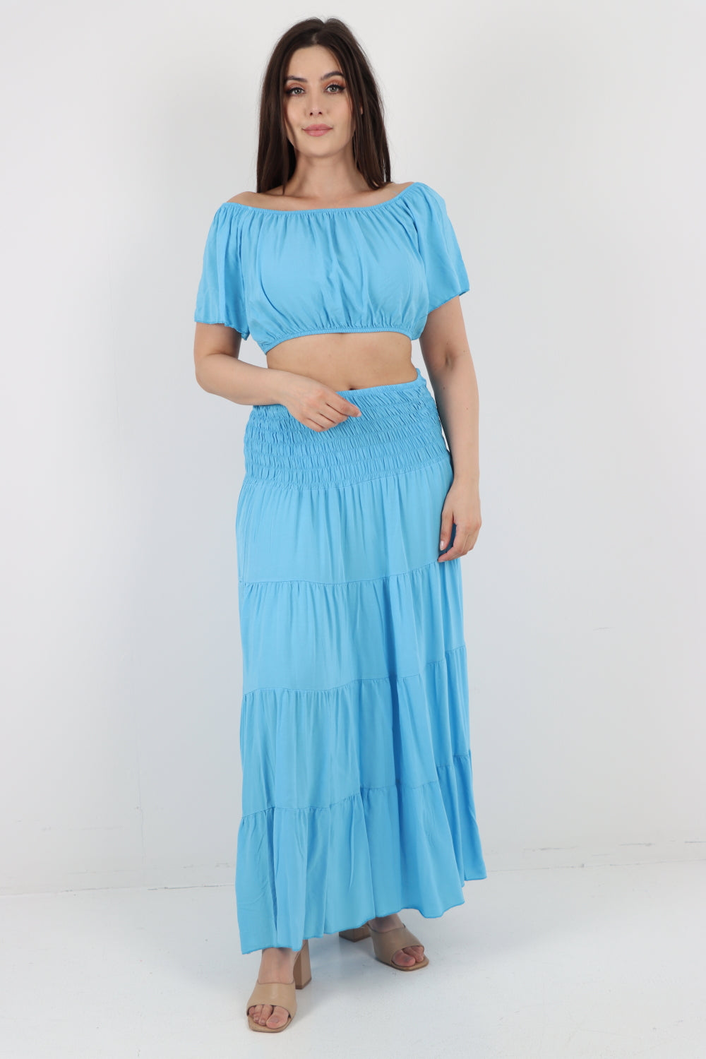 Italian Bardot Crop Top and Maxi Skirt Set