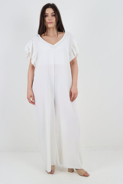 Italian Ruffled Sleeve Back Tie Open Wide Leg Jumpsuit