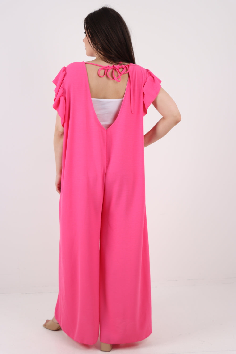 Italian Ruffled Sleeve Back Tie Open Wide Leg Jumpsuit