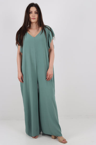 Italian Ruffled Sleeve Back Tie Open Wide Leg Jumpsuit