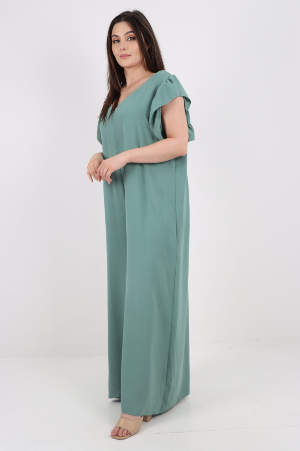 Italian Ruffled Sleeve Back Tie Open Wide Leg Jumpsuit