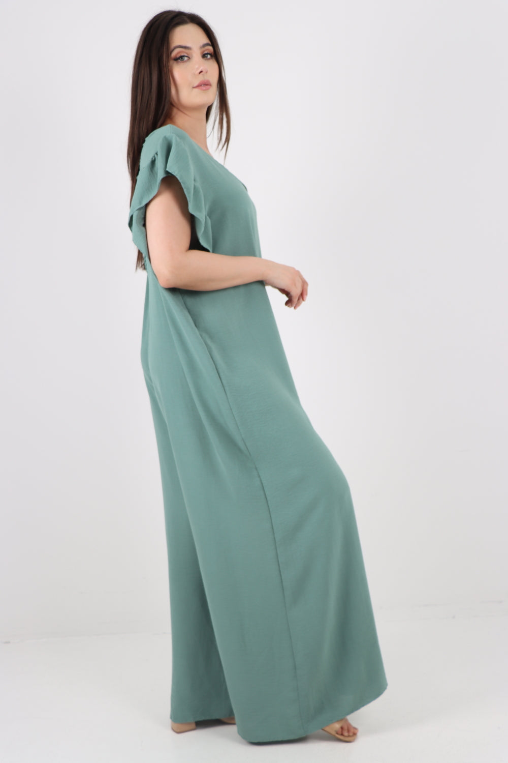 Italian Ruffled Sleeve Back Tie Open Wide Leg Jumpsuit