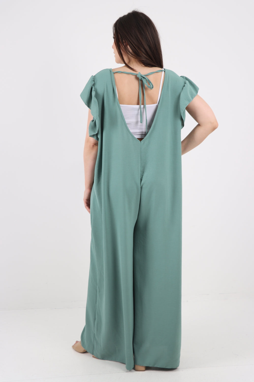 Italian Ruffled Sleeve Back Tie Open Wide Leg Jumpsuit