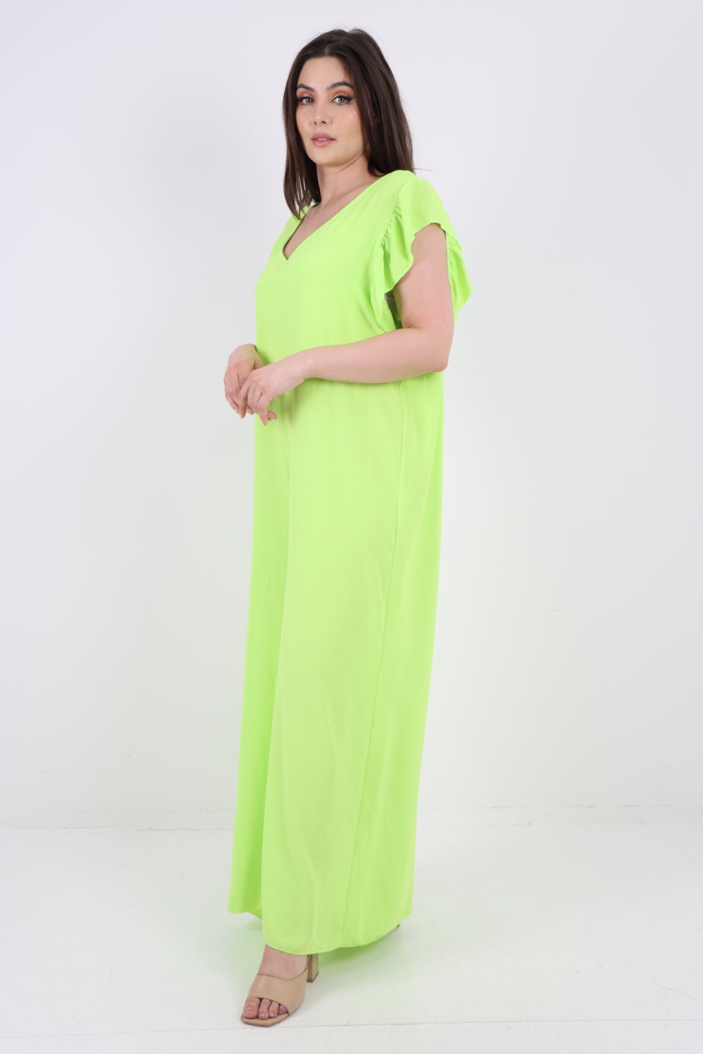 Italian Ruffled Sleeve Back Tie Open Wide Leg Jumpsuit