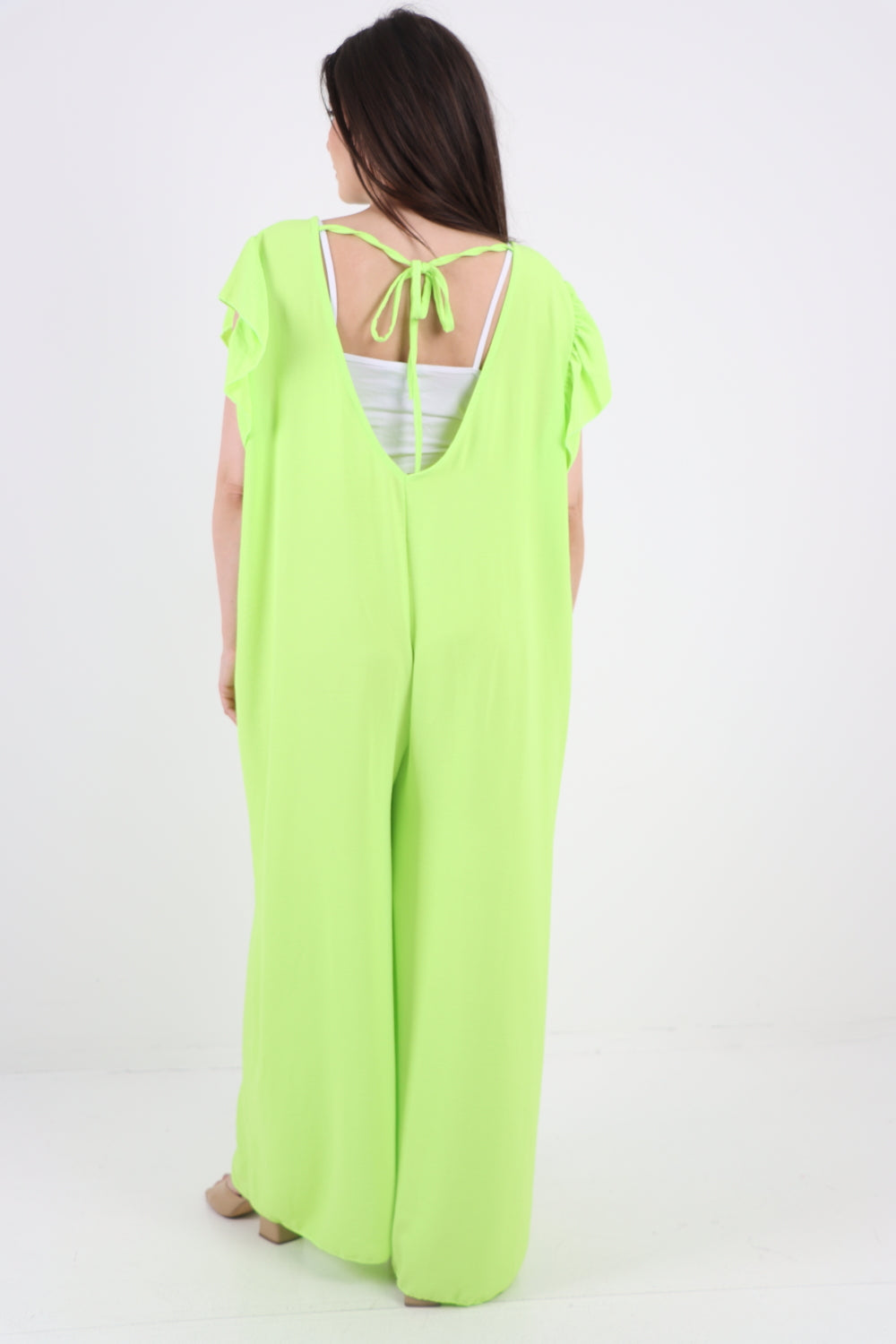 Italian Ruffled Sleeve Back Tie Open Wide Leg Jumpsuit