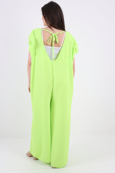 Italian Ruffled Sleeve Back Tie Open Wide Leg Jumpsuit