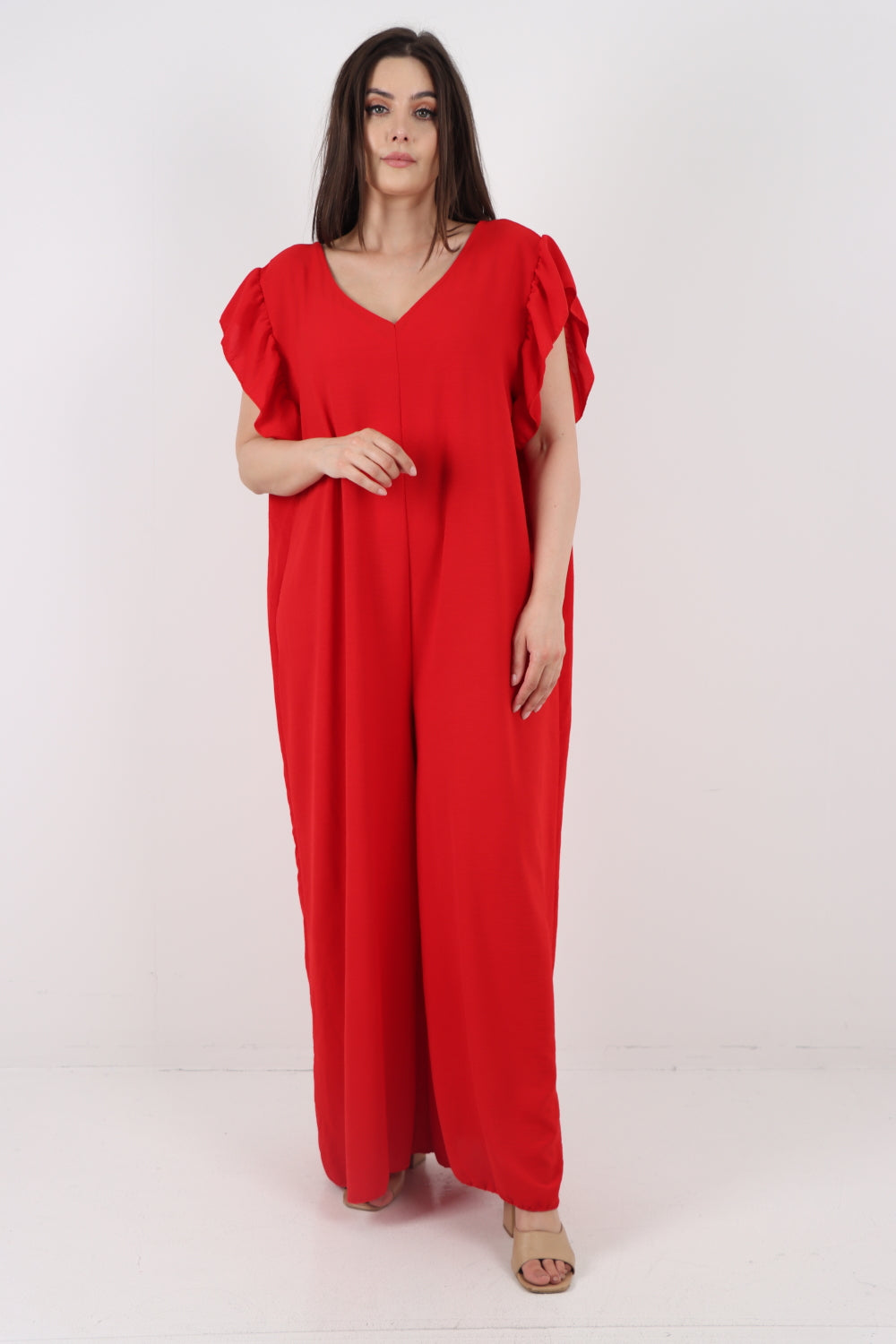 Italian Ruffled Sleeve Back Tie Open Wide Leg Jumpsuit