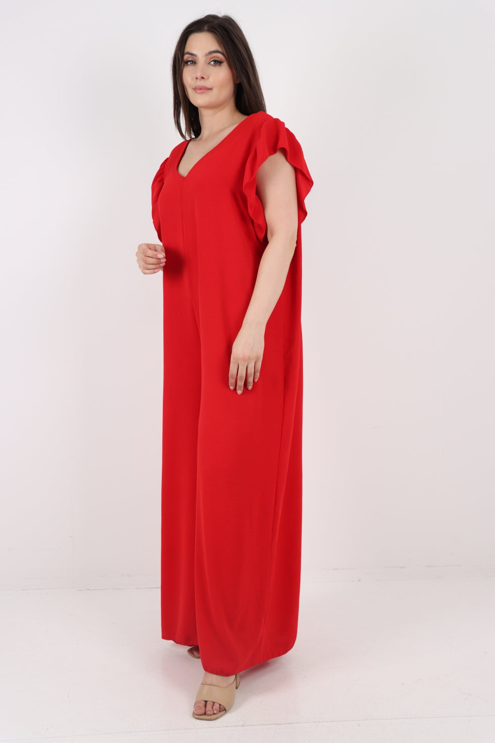 Italian Ruffled Sleeve Back Tie Open Wide Leg Jumpsuit