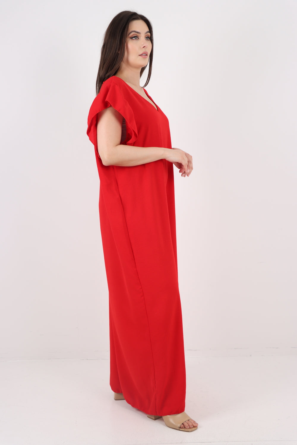 Italian Ruffled Sleeve Back Tie Open Wide Leg Jumpsuit