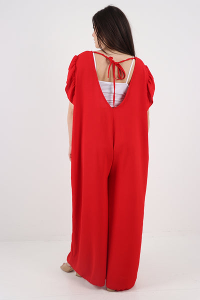 Italian Ruffled Sleeve Back Tie Open Wide Leg Jumpsuit