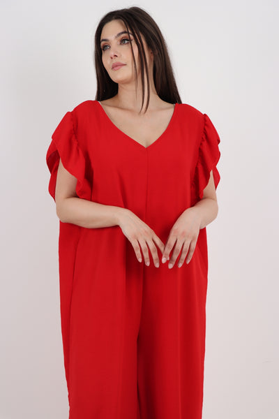 Italian Ruffled Sleeve Back Tie Open Wide Leg Jumpsuit