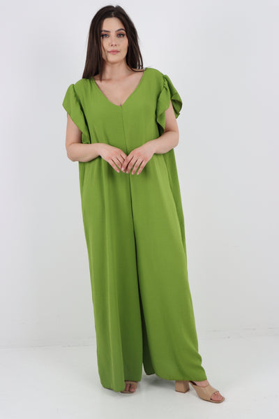 Italian Ruffled Sleeve Back Tie Open Wide Leg Jumpsuit