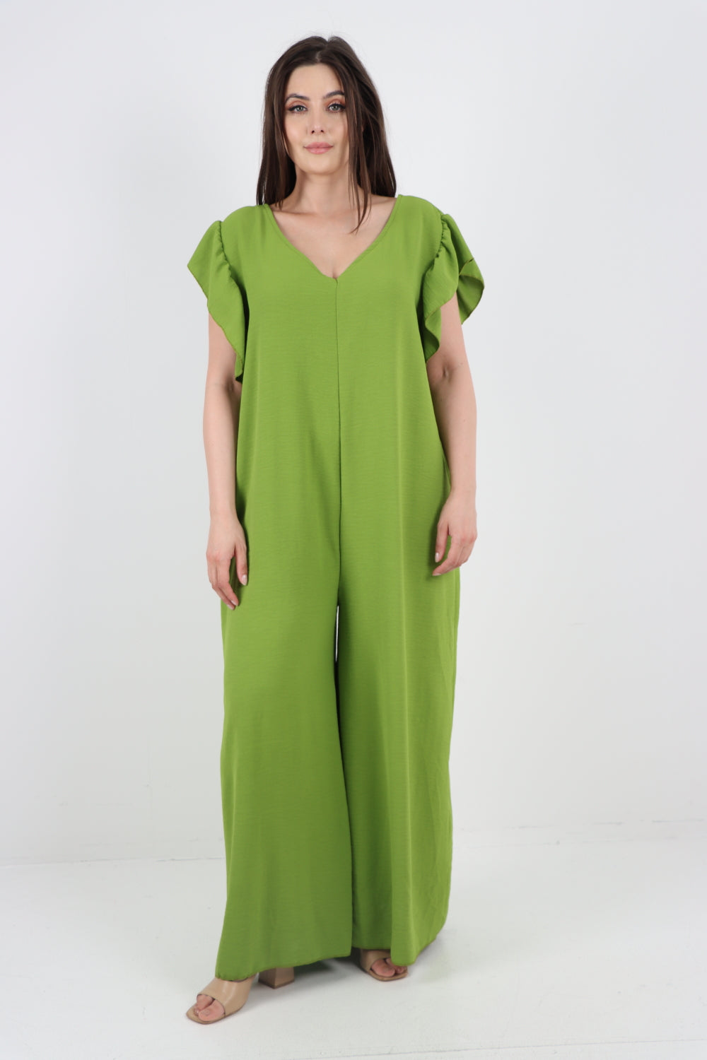 Italian Ruffled Sleeve Back Tie Open Wide Leg Jumpsuit