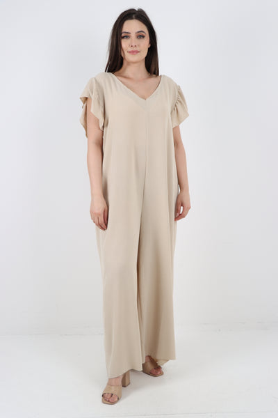 Italian Ruffled Sleeve Back Tie Open Wide Leg Jumpsuit