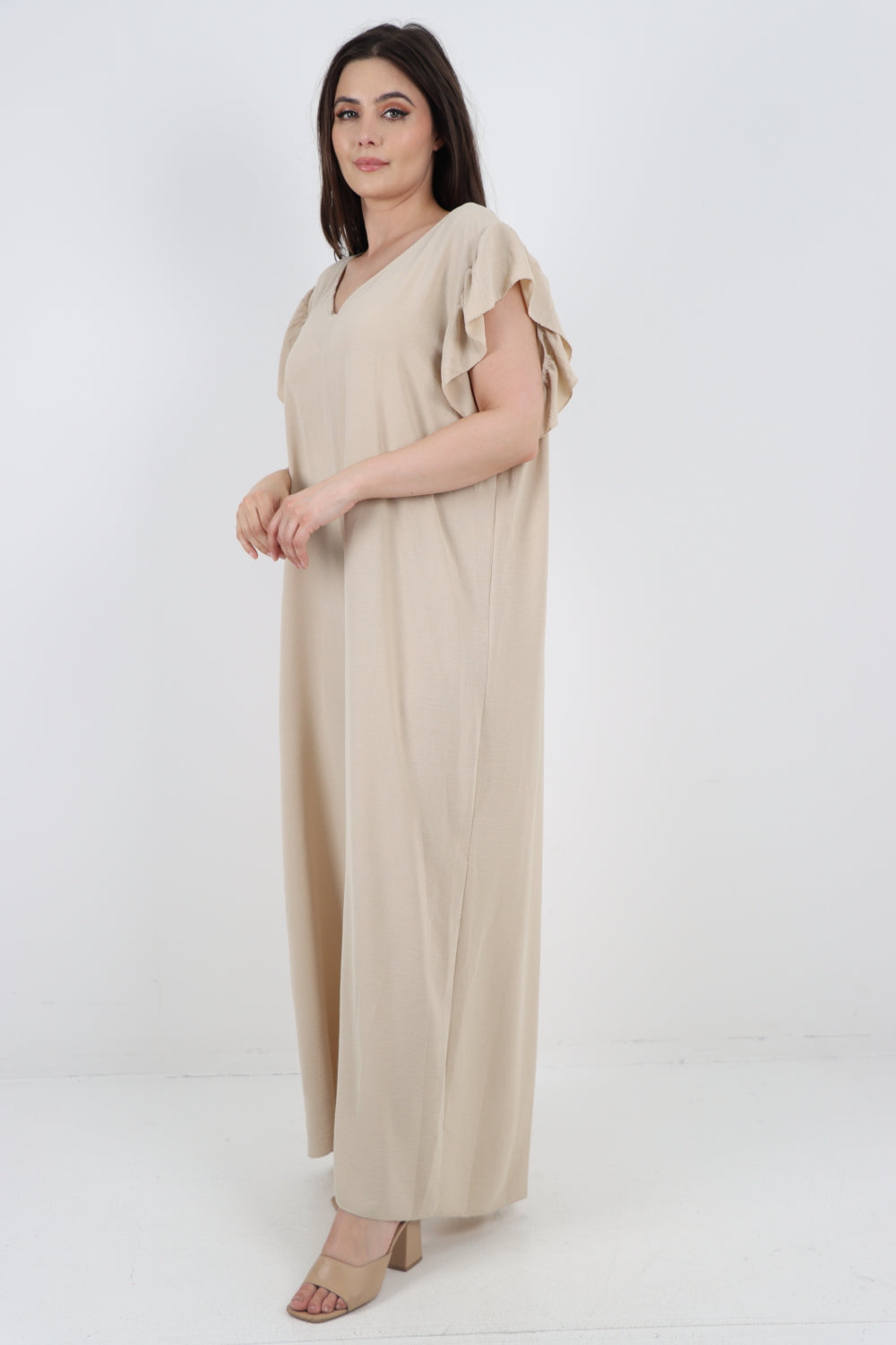 Italian Ruffled Sleeve Back Tie Open Wide Leg Jumpsuit