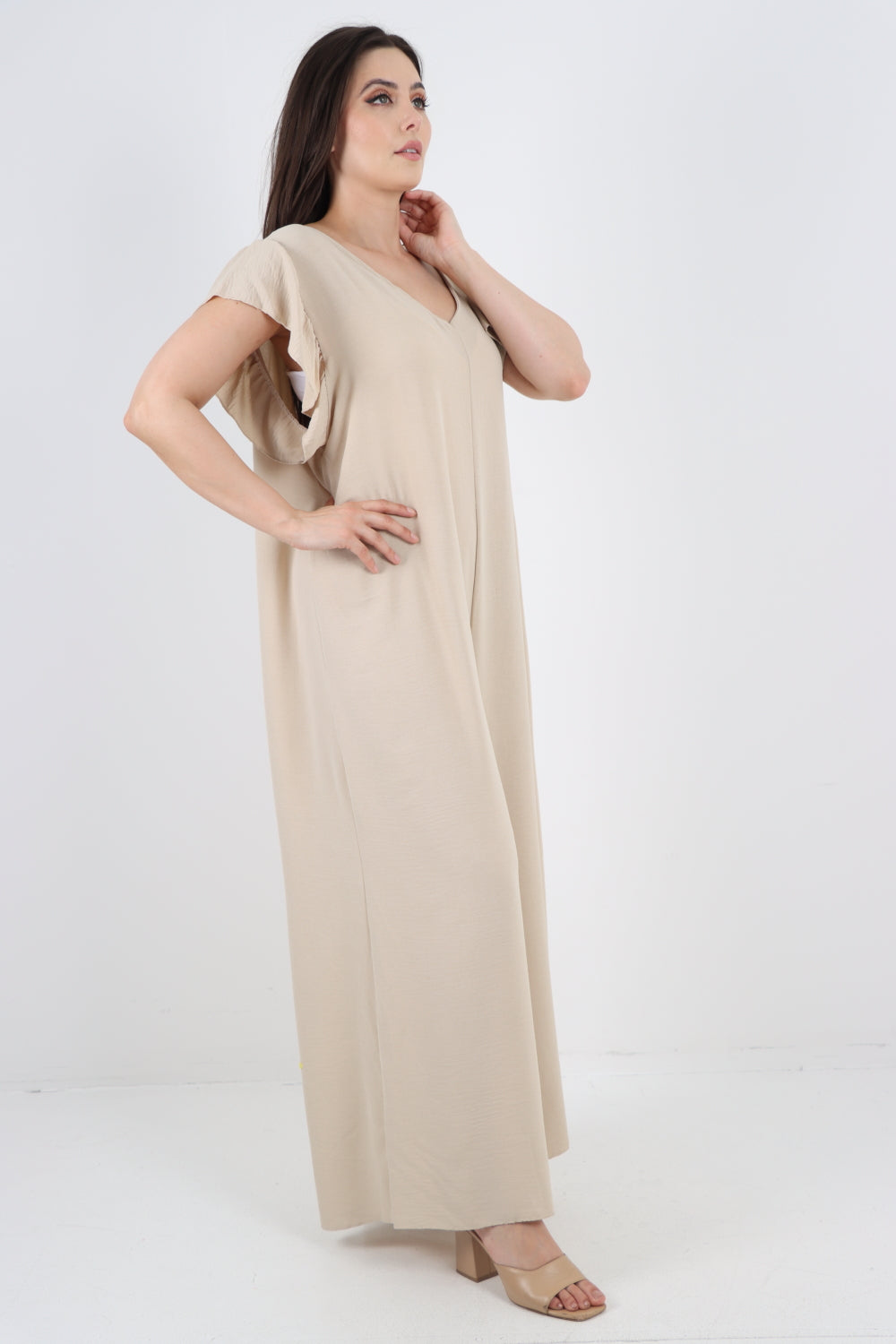 Italian Ruffled Sleeve Back Tie Open Wide Leg Jumpsuit