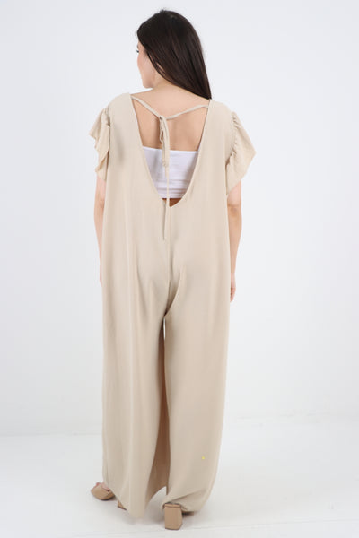 Italian Ruffled Sleeve Back Tie Open Wide Leg Jumpsuit