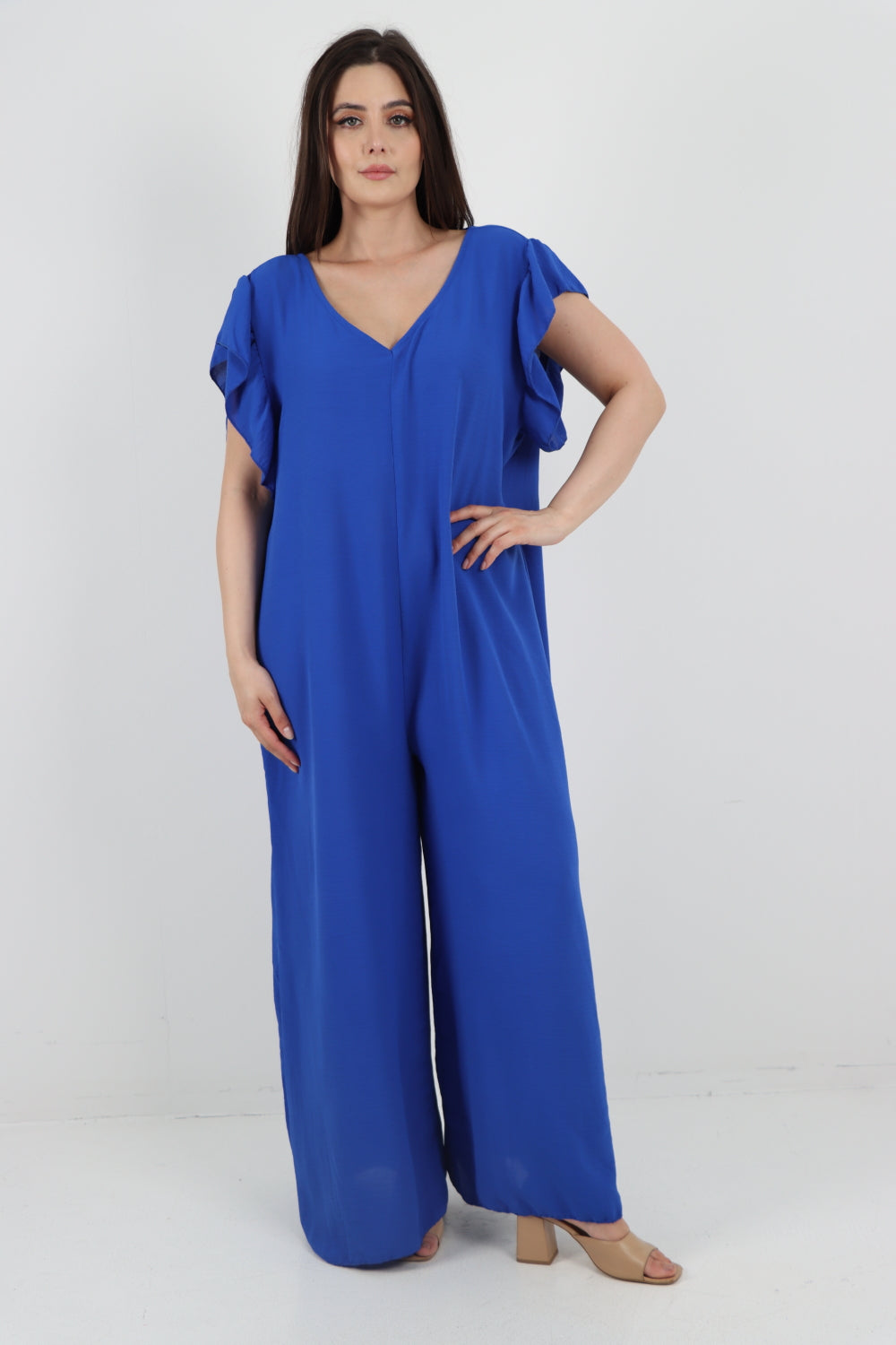 Italian Ruffled Sleeve Back Tie Open Wide Leg Jumpsuit