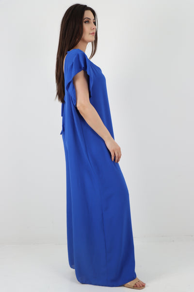 Italian Ruffled Sleeve Back Tie Open Wide Leg Jumpsuit