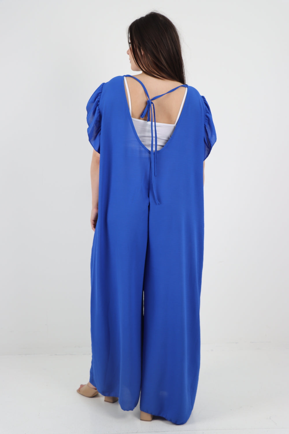 Italian Ruffled Sleeve Back Tie Open Wide Leg Jumpsuit