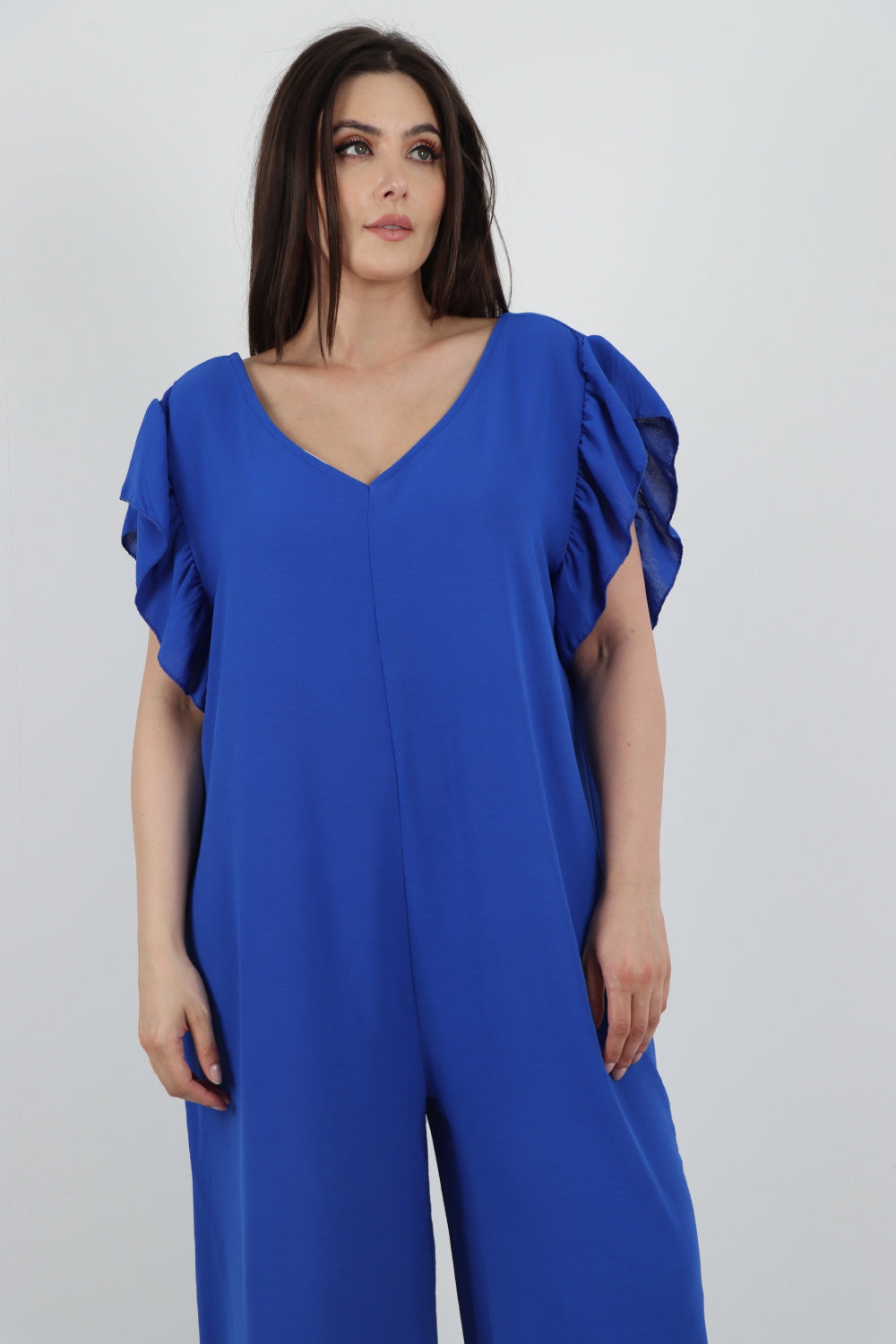 Italian Ruffled Sleeve Back Tie Open Wide Leg Jumpsuit