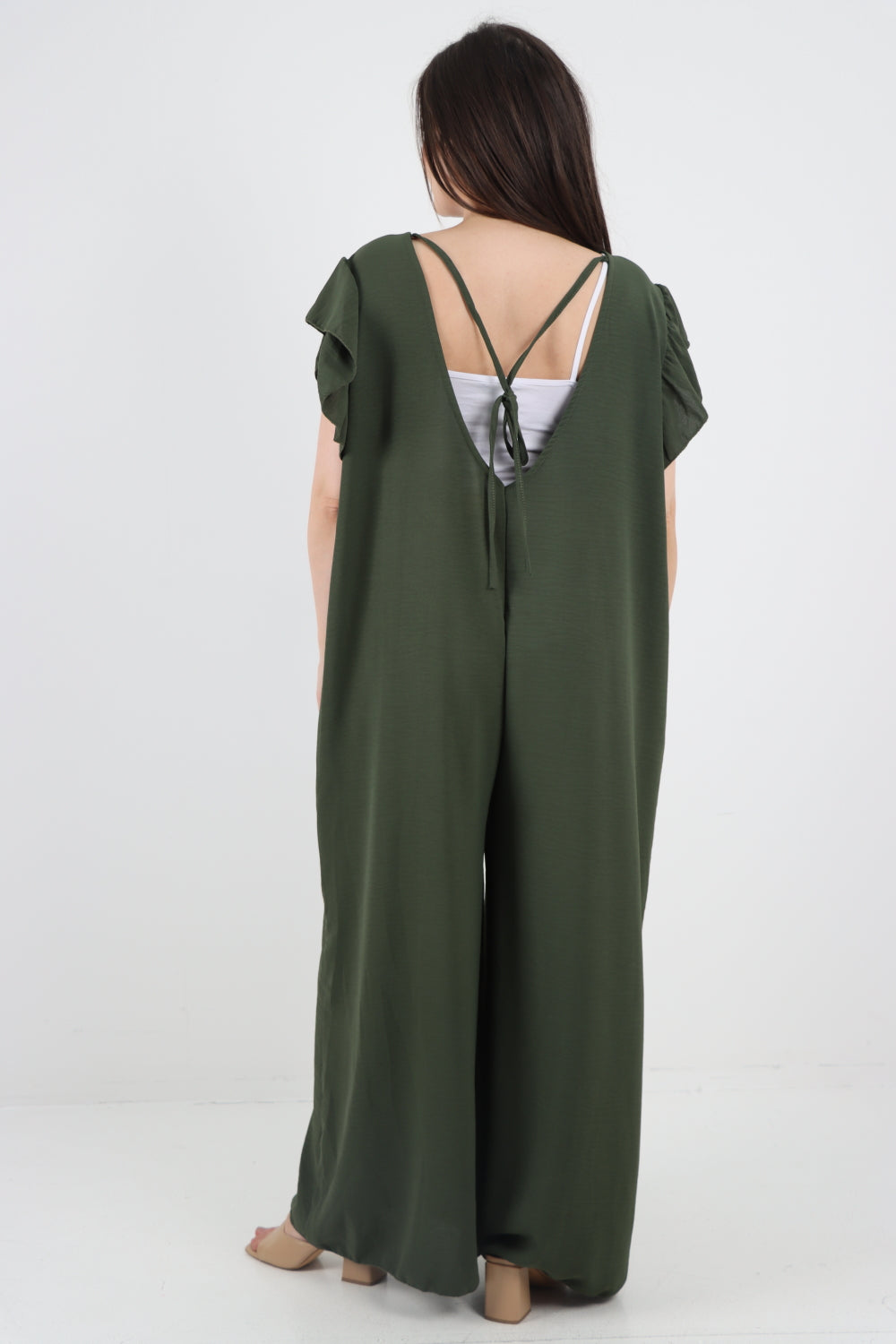 Italian Ruffled Sleeve Back Tie Open Wide Leg Jumpsuit