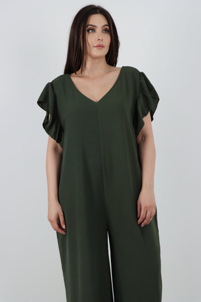 Italian Ruffled Sleeve Back Tie Open Wide Leg Jumpsuit