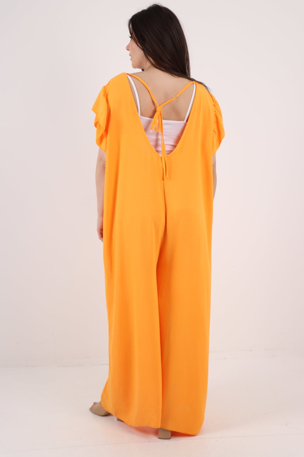 Italian Ruffled Sleeve Back Tie Open Wide Leg Jumpsuit