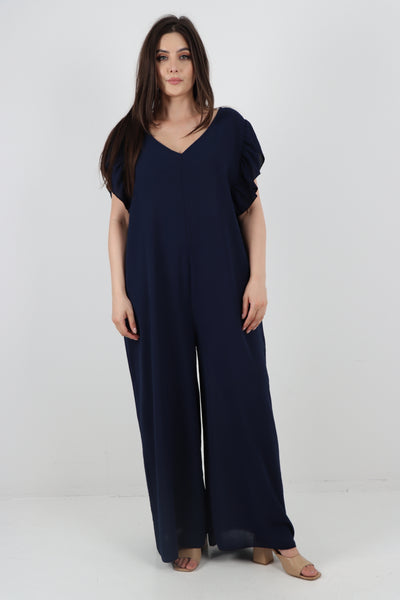 Italian Ruffled Sleeve Back Tie Open Wide Leg Jumpsuit