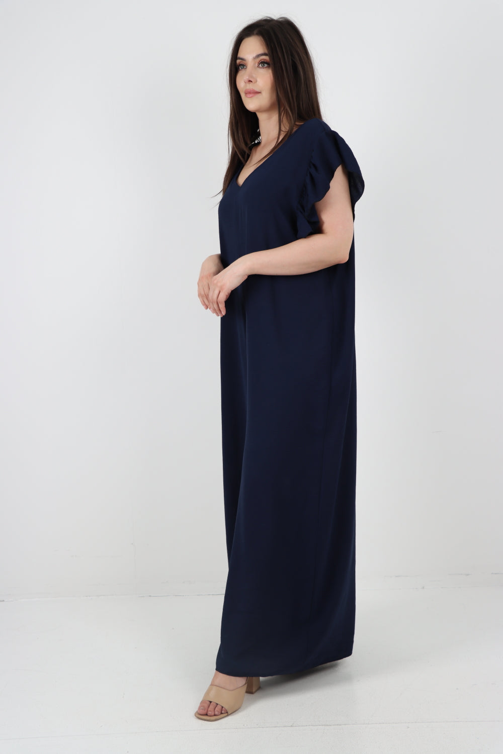 Italian Ruffled Sleeve Back Tie Open Wide Leg Jumpsuit