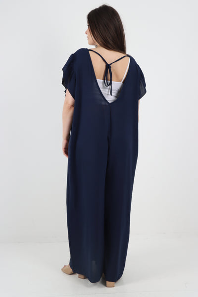 Italian Ruffled Sleeve Back Tie Open Wide Leg Jumpsuit