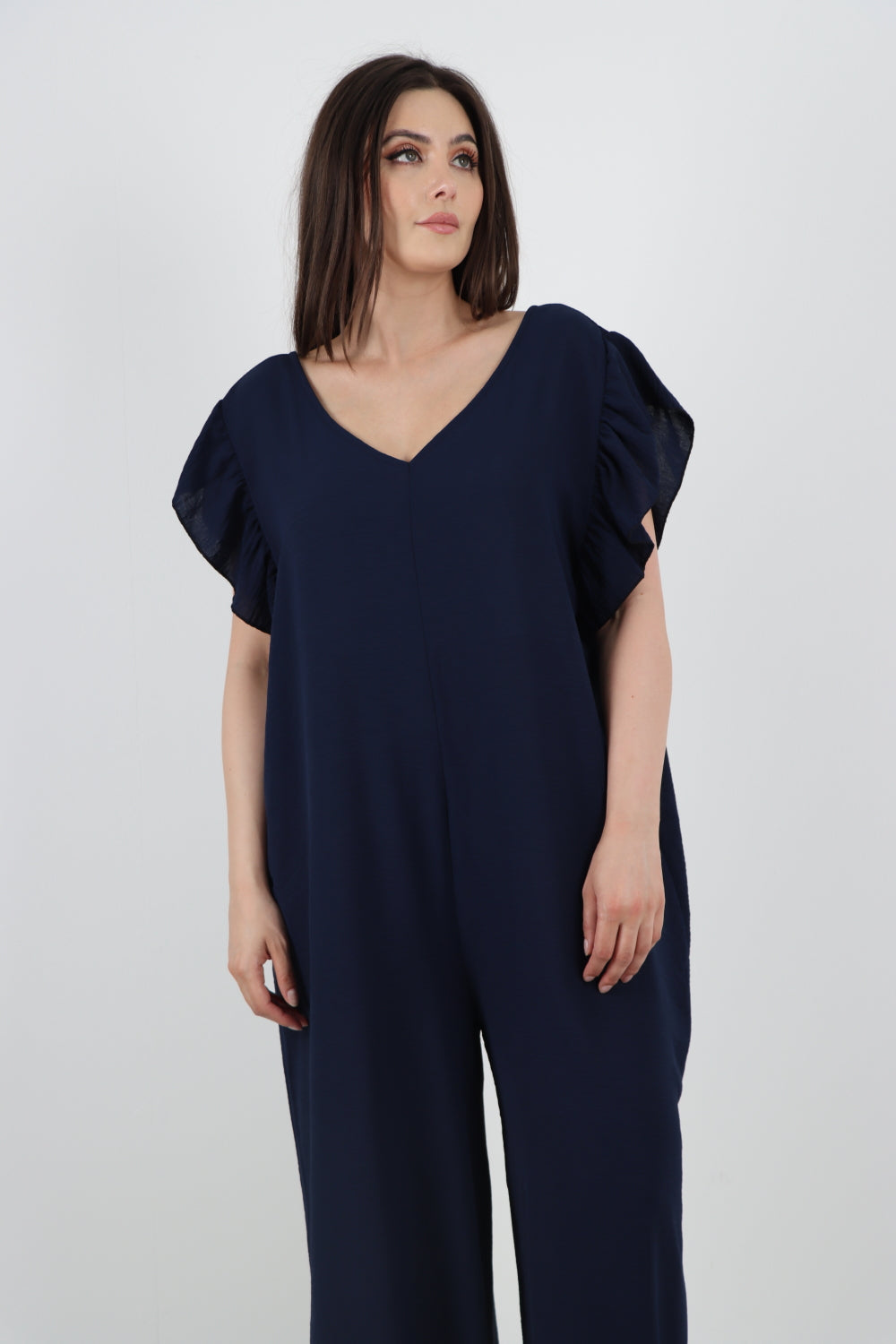 Italian Ruffled Sleeve Back Tie Open Wide Leg Jumpsuit