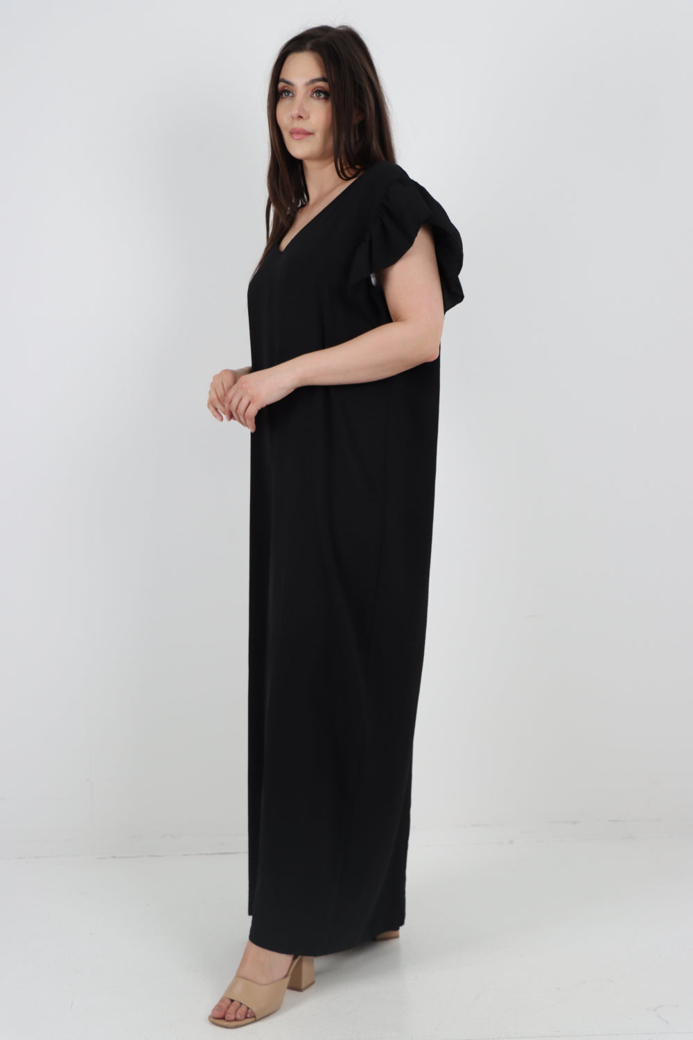 Italian Ruffled Sleeve Back Tie Open Wide Leg Jumpsuit