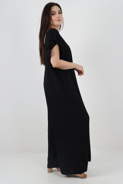 Italian Ruffled Sleeve Back Tie Open Wide Leg Jumpsuit