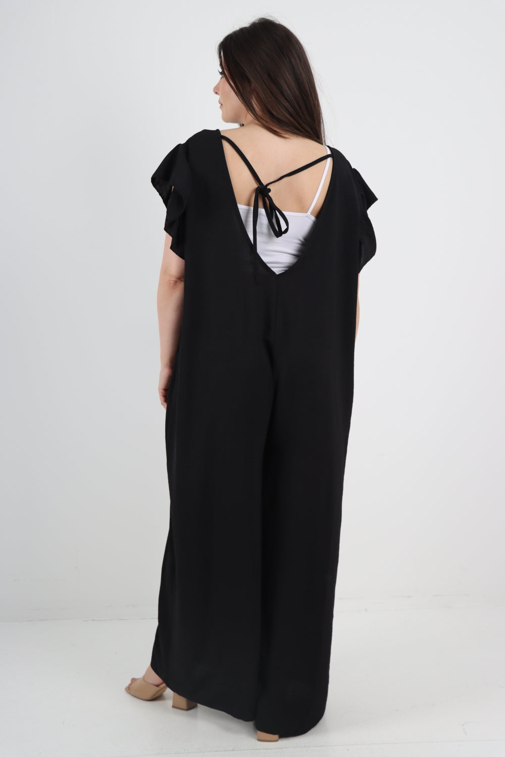 Italian Ruffled Sleeve Back Tie Open Wide Leg Jumpsuit