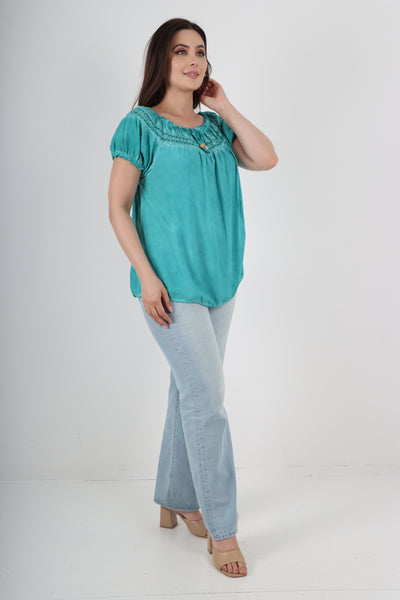 Italian Ruffle Detail Bardot Short Sleeve Tunic Top