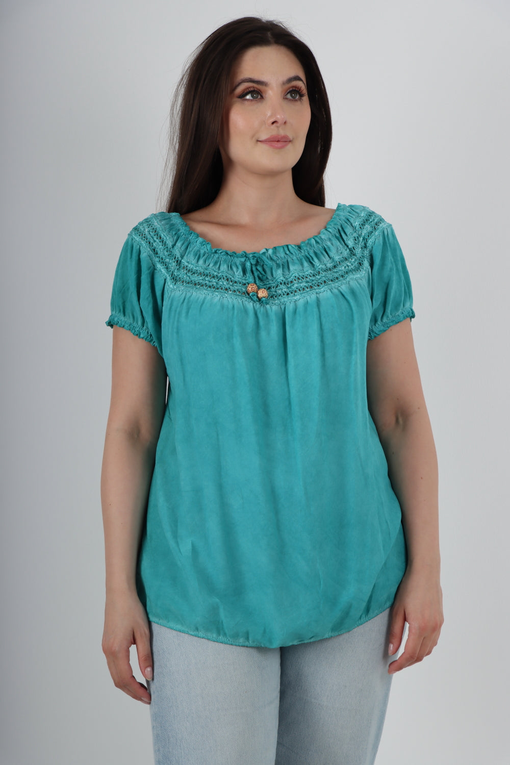 Italian Ruffle Detail Bardot Short Sleeve Tunic Top