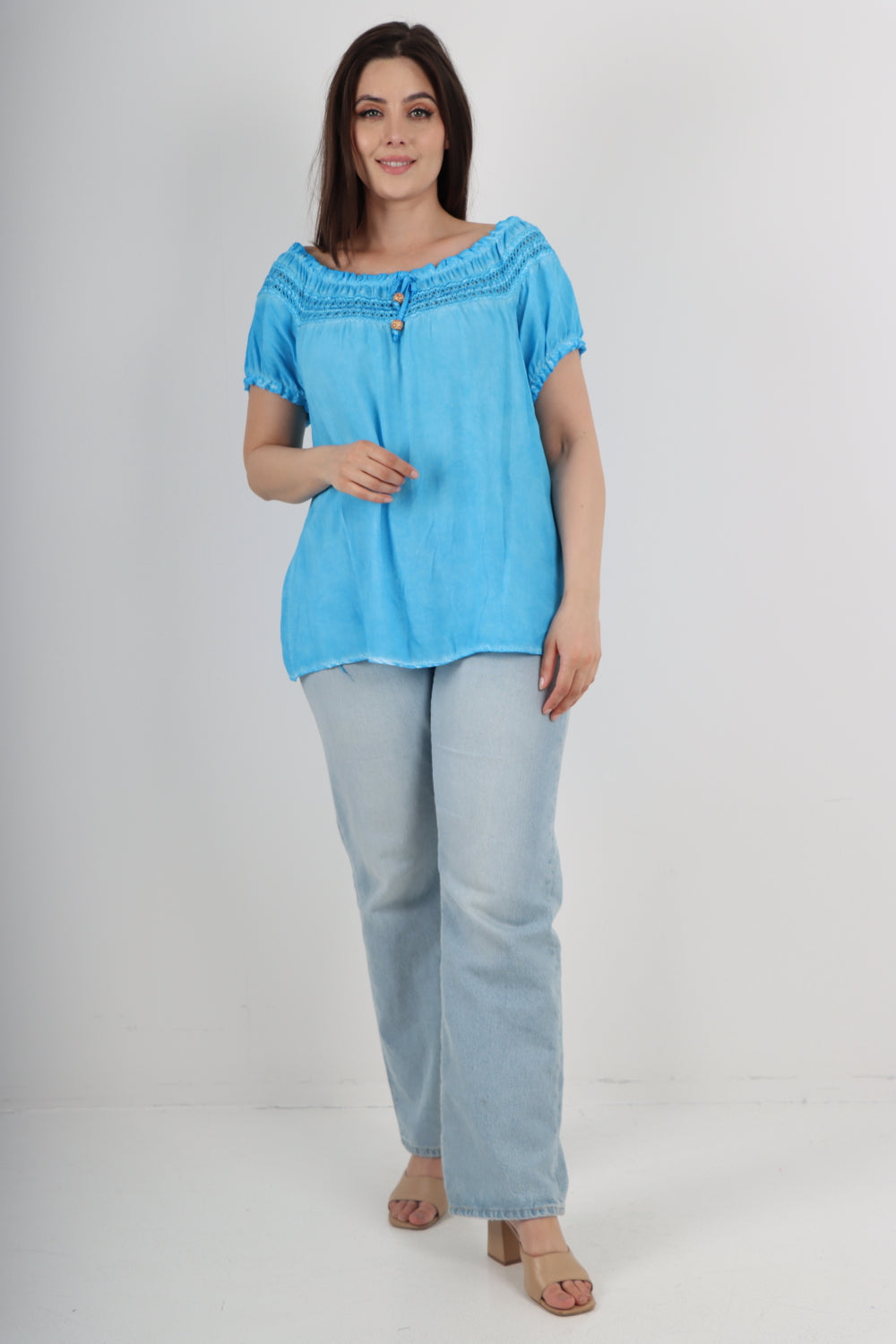 Italian Ruffle Detail Bardot Short Sleeve Tunic Top