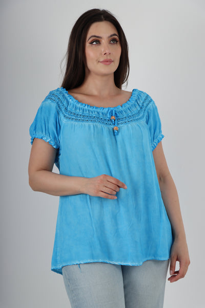 Italian Ruffle Detail Bardot Short Sleeve Tunic Top