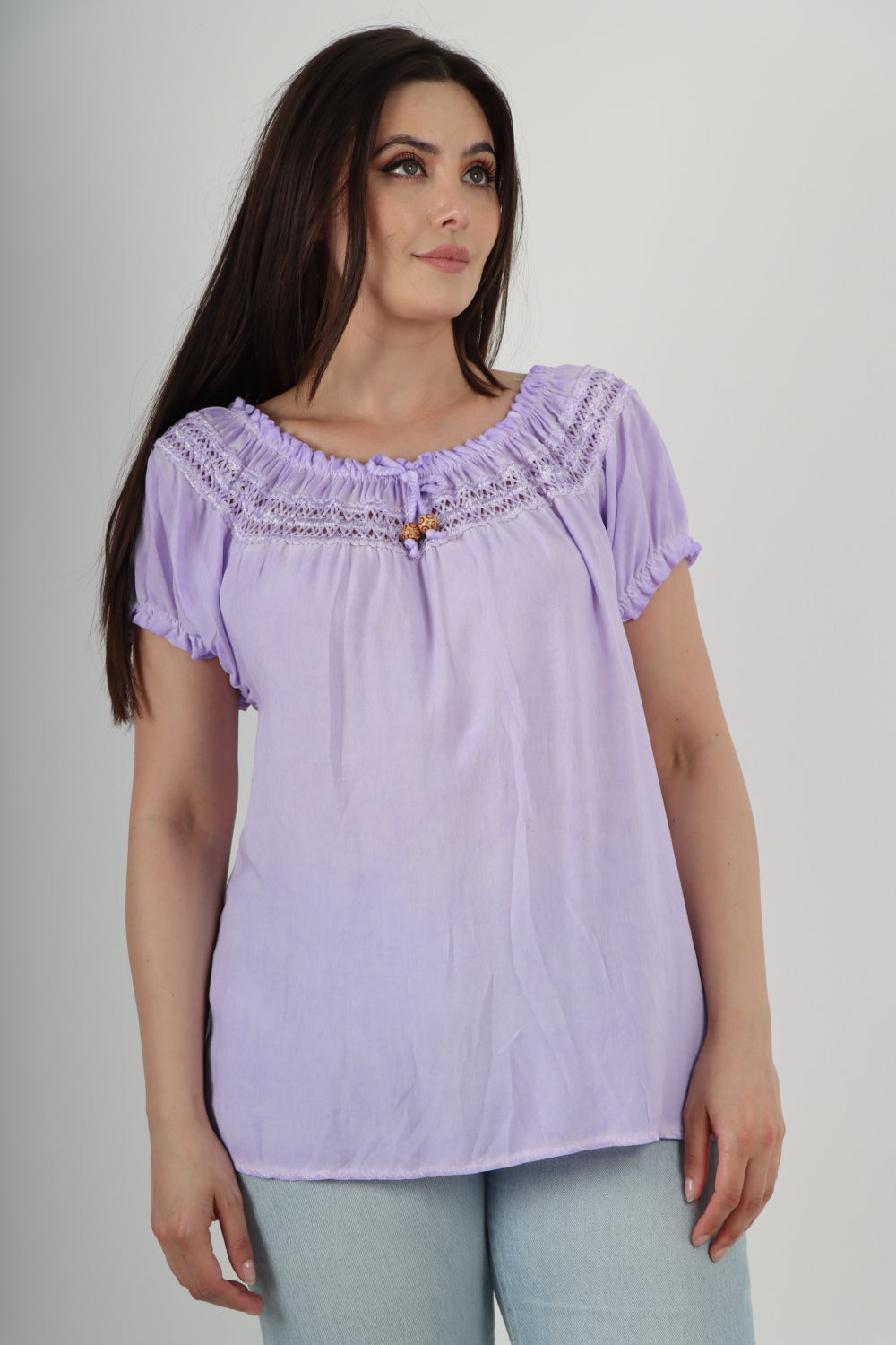 Italian Ruffle Detail Bardot Short Sleeve Tunic Top