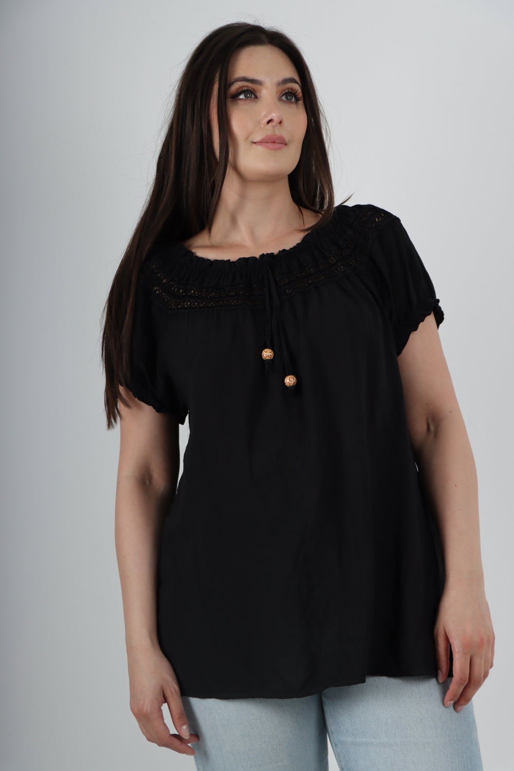 Italian Ruffle Detail Bardot Short Sleeve Tunic Top