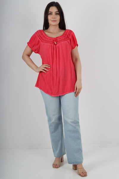 Italian Ruffle Detail Bardot Short Sleeve Tunic Top