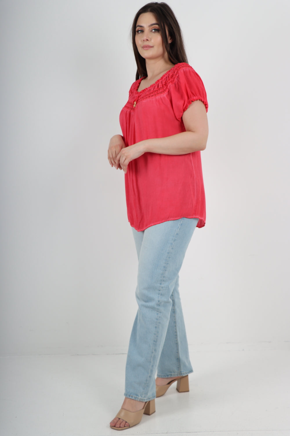 Italian Ruffle Detail Bardot Short Sleeve Tunic Top