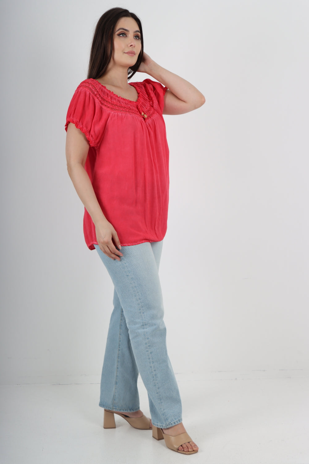 Italian Ruffle Detail Bardot Short Sleeve Tunic Top