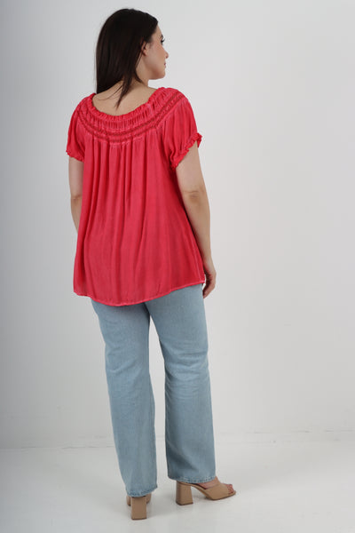 Italian Ruffle Detail Bardot Short Sleeve Tunic Top