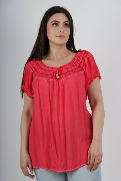 Italian Ruffle Detail Bardot Short Sleeve Tunic Top