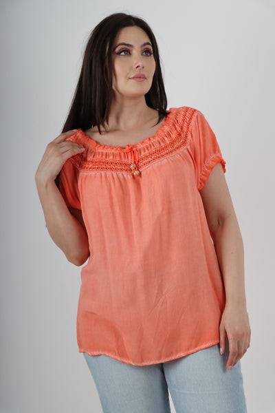 Italian Ruffle Detail Bardot Short Sleeve Tunic Top