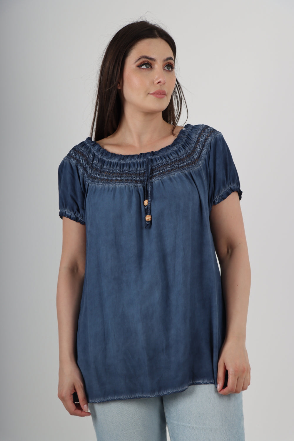 Italian Ruffle Detail Bardot Short Sleeve Tunic Top